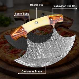 Custom Handmade Damascus Steel Pizza Cutter Ulu Knife Premium Wooden & Bone Handle Kitchen Axe with Genuine Leather Sheath - Product Image 3