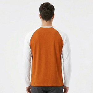 Men's Raglan Sleeve Short Sleeve T-Shirt Front Logo Orange <b>White</b> Contrast Color Blocked Casual O-Neck Jersey Cotton Regular Fit - Product Image 2