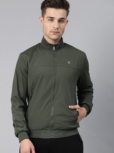 Men's Olive Green Bomber <b>Jacket</b> Stand Collar Zipper Front Casual Solid Color Slim Fit Breathable Polyester Autumn Wear - Product Image 4