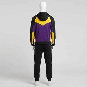 Ensemble de survêtement pour homme noir, violet et jaune à blocs de couleur chevron, veste à capuche entièrement zippée et pantalon de jogging à revers, vêtements de sport actifs - Product Image 2