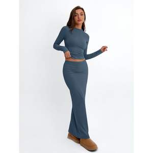 Tenue 2 pièces à la mode pour femmes à manches longues col rond hauts courts et jupe Maxi moulante taille reine pour diverses occasions - Product Image 1
