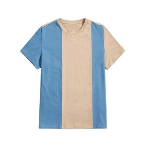 T-shirt décontracté à manches courtes pour homme en tissu tissé bleu et beige, col rond, blocs de couleur, rayures, coupe classique - Product Image 5