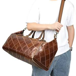 Luxury Genuine Leather Travel Duffel Bag Solid Brown Geometric Pattern Durability Feature - Product Image 2