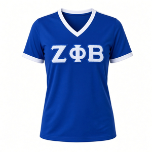 เสื้อยืดคอกลมสีน้ำเงินรอยัลสำหรับผู้หญิง Zeta Phi Beta แต่งขอบตัดสีด้วยตัวอักษรกรีกสีขาวเชนิลล์ เนื้อผ้านุ่มพรีเมียม สวมใส่สบายๆ สไตล์ลำลอง - Product Image 1