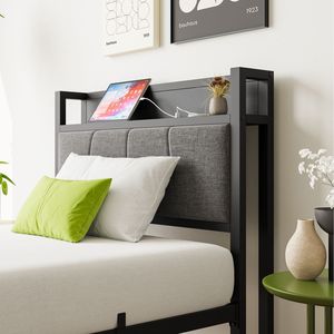 Twin Size <b>Bed</b> Frame with Storage Headboard Up-Holstered & Charging Station Solid & Stable No Box Spring Needed <b>Easy</b> Assembly - Product Image 3