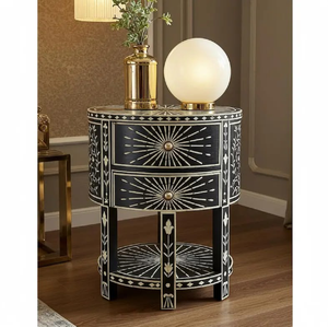 Table de chevet ronde en os noir incrusté, avec tiroirs et étagère à motif étoilé, disponible à prix de gros. - Product Image 1