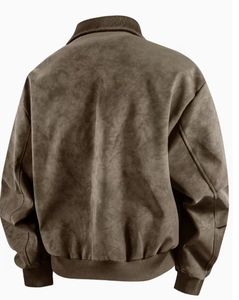Men s Brown <b>Suede</b> Bomber <b>Jacket</b> Stand Collar Zipper Closure Casual Style Autumn Wear Regular Fit Solid Color Woven Fabric - Product Image 2