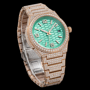 Reloj de Oro Rosa con Diamantes Incrustados y Esfera Verde Menta con Diseño de Panal de Abeja, Reloj de Pulsera de Lujo con Pavé Completo - Product Image 1