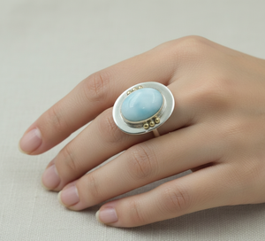 Top quality Larimar Gemstone <b>Ring</b> 925 <b>Silver</b> Brass Beads Handmade <b>Statement</b> <b>Ring</b> Rose Gold Yellow Gold Plated Boho Jewelry Gift - Product Image 5