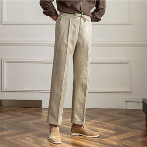 Nouveau pantalon long d'été pour homme 100 % lin, coupe droite légère, polyvalent, avec cordon de serrage, respirant et taille élastique - Product Image 3