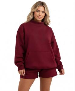 Conjunto de Top y Pantalón Corto de Punto Oversize de Manga Larga para Mujer, Estilo Urbano, Cuello Simulado, Ajuste Relajado, Casual de Otoño, con Logo Frontal, Cortavientos - Product Image 6