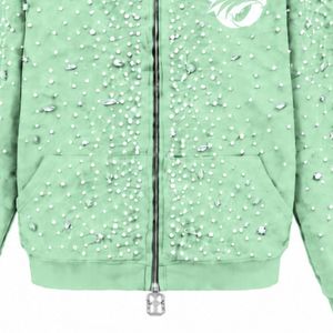 Sweat à capuche vert menthe avec fermeture éclair et perles, veste streetwear tendance à manches longues, sweat-shirt décontracté à capuche avec poches avant - Product Image 5