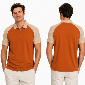Premium Men's Quarter Zip Raglan <b>Polo</b> Shirt <b>Orange</b> Beige Two Tone Short Sleeve Golf <b>Polo</b> Shirts - Product Image 4