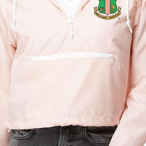 Light Pink Women Quarter Zip Crop Windbreaker Jacket with Green Embroidered Crest Lightweight Long Sleeve Casual Outdoor Wear - Product Image 4