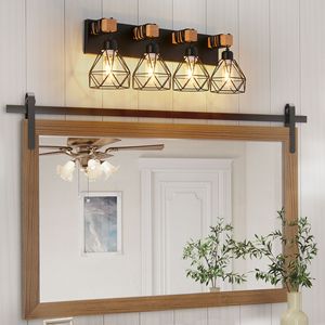 Luminaire de salle de bain moderne à 4 lumières de style géométrique avec accents en métal noir et en bois, lampe de miroir de salle de bain de 24 pouces - Product Image 5