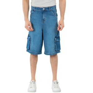 Shorts cargo en jean bleu clair pour homme, coupe mi-ample, longueur genou, décontracté, multi-poches, respirant, séchage rapide, délavé, idéal pour l'été - Product Image 1