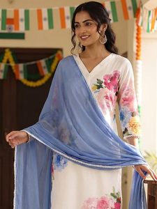 Women's <b>Linen</b> Floral Printed Straight Kurta & Pant With Dupatta Set - Product Image 3