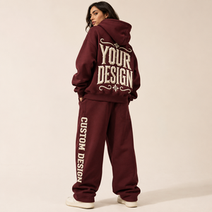 Ensemble de survêtement surdimensionné à épaules tombantes avec broderie 3D personnalisée, poche latérale et ceinture côtelée, en molleton double brossé pour femme, personnalisable - Product Image 2
