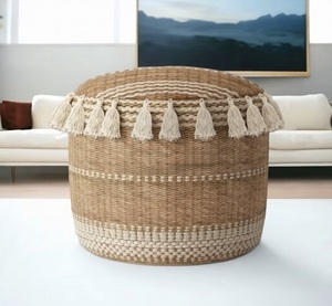 Eco-Friendly Handwoven Round Natural Jute Lightweight Home Pouf <b>Stool</b> Ottoman Inlay Bone Console Handmade Rattan Round Ottoman - Product Image 5