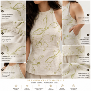 Conjunto de 2 Piezas Ecológico de Algodón, Top Peplum sin Mangas con Cuello Redondo y Pantalones Palazzo de Pierna Ancha con Estampado Floral Verde, para Invierno - Product Image 5