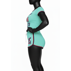 Conjunto de Camiseta y Pantalones Cortos para Mujer, Algodón, Poliéster, Elastano, Verde Menta, Ribete con Logotipo Estampado, Camiseta 100% Algodón, Conjunto de Pantalones Cortos - Product Image 3