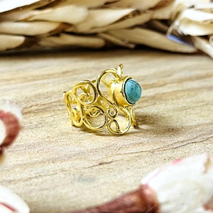 Hot Selling Boho <b>Turquoise</b> <b>Ring</b> Tribal Brass Band Women 18k Gold Plated Vintage Filigree Heart Statement for Wholesale/OEM/ODM - Product Image 6