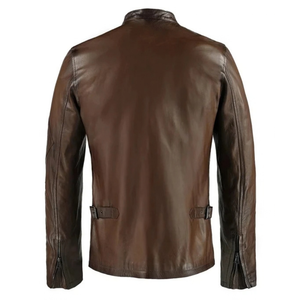 <b>Mens</b> <b>Brown</b> Genuine <b>Leather</b> Streetwear <b>Jackets</b> Contrast Vertical Stripes Snap Collar Zip Front Chest Pocket Premium OEM Outerwear - Product Image 2