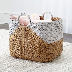 Sustainable Hand Woven White and Natural Water Hyacinth <b>Basket</b> Laundry <b>Hamper</b> Storage Bin with Ring Handles <b>for</b> Home - Product Image 4