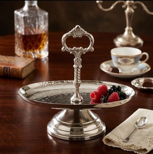 Luxury Silver Metal <b>Cake</b> <b>Stand</b> with Ornate Handle Hammered Stainless Steel Pedestal Serving Tray for Wedding Parties & Home Deco - Product Image 2
