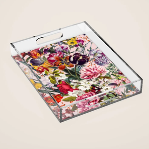 Bandeja de servir acrílica exclusiva con diseño floral transparente y asa, precio mayorista, para alimentos - Product Image 1