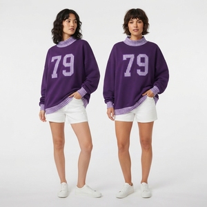 Sudadera Oversize de Cuello Alto para Mujer con Ribete de Guingán y Número Aplicado, Manga Larga, Estilo Casual de Forro Polar para Otoño - Product Image 5