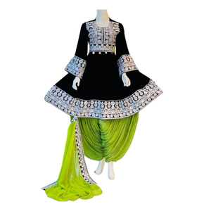 Modern Handmade Afghan Kuchi Dresses Solid Lace <b>Sequined</b> Breathable Knee Length Long Sleeves Plus Size Formal Kuchi Dress - Product Image 1