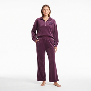 Conjunto Deportivo de Terciopelo Morado Personalizado para Mujer, Sudadera Corta con Cierre de Cremallera, Cuello Camisero, Hombros Caídos, Pantalones Deportivos Anchos de Dos Piezas - Product Image 5
