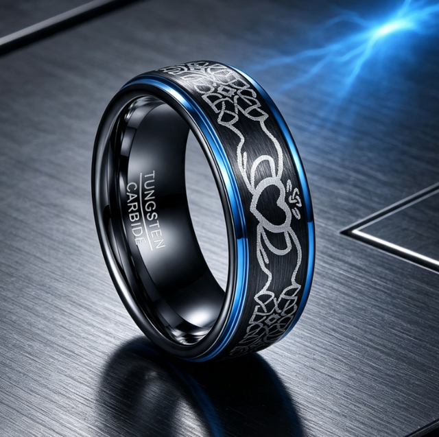 Tungsten Carbide Ring with Blue Groove and Heart Pattern Engraving, 8mm Brushed Wedding Band for Men, Wholesale Men's Jewelry