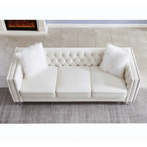 Set Divano in Velluto Beige 2+3 Posti con Fibbia in Cristallo, Cuscini Rimovibili e Quattro Cuscini Morbidi, Contenitore Gratuito per Soggiorno - Product Image 4