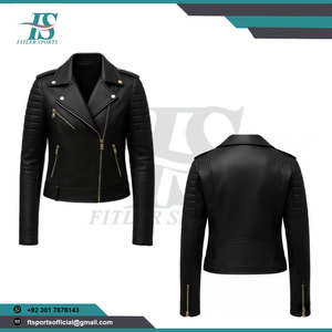 เสื้อแจ็คเก็ตหนังเทียมสีดำสำหรับผู้หญิง แบบสั้น ระบายอากาศได้ดี สไตล์ไบค์เกอร์ ผลิตตามแบบ OEM ขายส่ง - Product Image 2