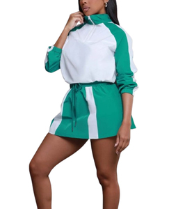 Color Blocked Sports Wear <b>Set</b> Green <b>White</b> Full Sleeve Hooded Top With Drawstring Shorts Breathable Spring Summer Style - Product Image 3