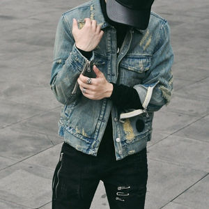 Custom Logo Blue <b>Denim</b> Jacket for Men Double-Breasted Streetwear Casual Riding <b>Coat</b> with Knitted Closure for Spring - Product Image 2