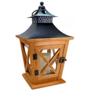 Farol de madera hecho a mano de diseño vintage con tapa de metal negro, portavelas cuadrado decorativo de madera para decoración navideña de jardín. - Product Image 1