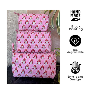 Handmade Jaipur Block Printed Cotton Cosmetic Bag Set Pink Floral Block Print Bohemian Style Eco-Friendly Travel Organize - Product Image 1