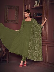 Nouvelle Robe Anarkali Élégante pour Femmes en Vert Clair, Manches 3/4, Georgette Crêpe Semi-Couturée pour Mariages et Occasions Festives - Product Image 5