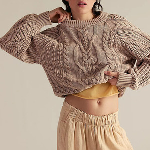 New Arrival Casual Pullover Women's Cropped Cable Knit Wool Sweater Crew Neck Batwing Sleeve Thick Hand Knitted Winter Sweater - Product Image 1