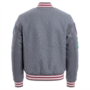 <b>men</b> varsity <b>jacket</b> wool body <b>leather</b> sleeves grey custom embroidered patches college letterman <b>jacket</b> retro vintage streetwear - Product Image 2