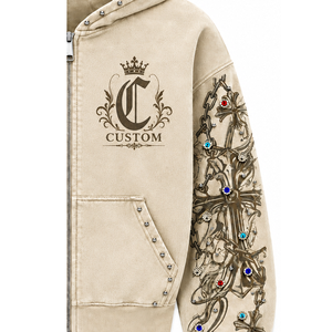 Sudadera con Capucha Personalizada de Algodón 100% Lavado Estilo Vintage, Sudadera con Cremallera y Bordado Digital de Moda, Detalle de Pedrería, Ropa Urbana Ecológica - Product Image 5