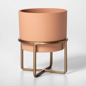 Minimalist <b>Terracotta</b> Flower <b>Pot</b> With Brass Metal Stand Indoor Plant Planter For Desktop Use Glazed Finish - Product Image 1