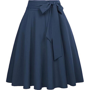 Jupe trapèze taille haute pour femme, longueur genou, en satin noir uni avec nœud décoratif, élégante, toutes saisons - Product Image 3