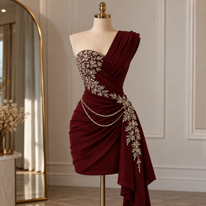 Robe de Soirée Élégante et Luxueuse en Satin, Asymétrique, à Une Épaule, Longueur Au-dessus du Genou, avec Ornements de Perles et Strass, Taille Naturelle, Coupe Fourreau - Product Image 1