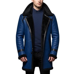 Abrigo de Cuero Azul para Hombre con Forro de Borrego – Chaqueta de Piel de Oveja Auténtica – Abrigo de Invierno de Lujo – Prenda Exterior Elegante para Clima Frío - Product Image 1