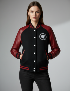 Chaqueta Varsity Premium con Logotipo SQS - Lana Negra con Brazos de Cuero Rojo - Product Image 1