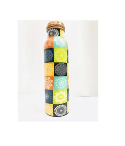 Handpainted Eco-Friendly Copper Water Bottle with Floral Print 1000ml Leak Proof Lid and <b>Straw</b> for Daily Hydration - Product Image 3